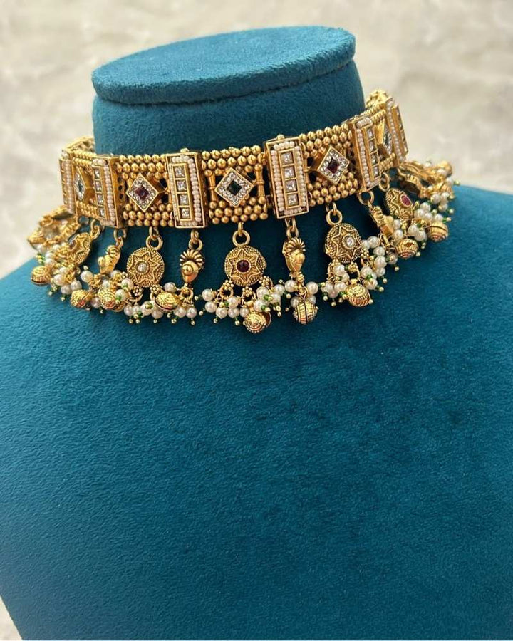 Traditional Gold Finish Choker Necklace Set with Kundan Work & Pearl Drops
