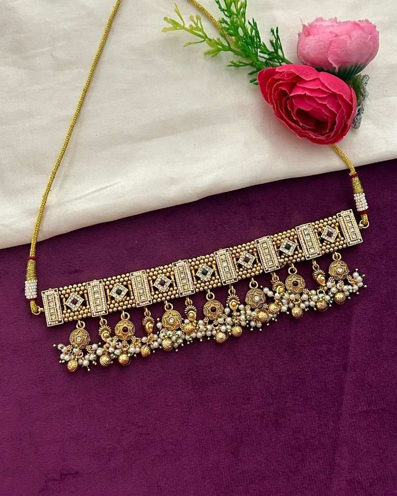 Traditional Gold Finish Choker Necklace Set with Kundan Work & Pearl Drops