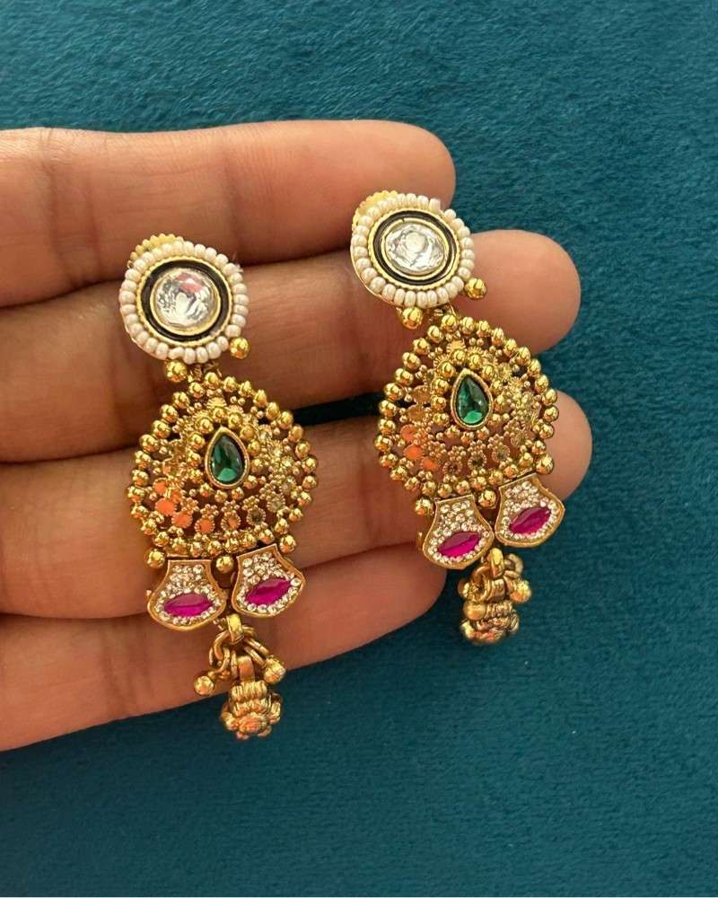 Traditional Gold Finish Choker Necklace Set with Green & Pink Stones and Ghungroo Work