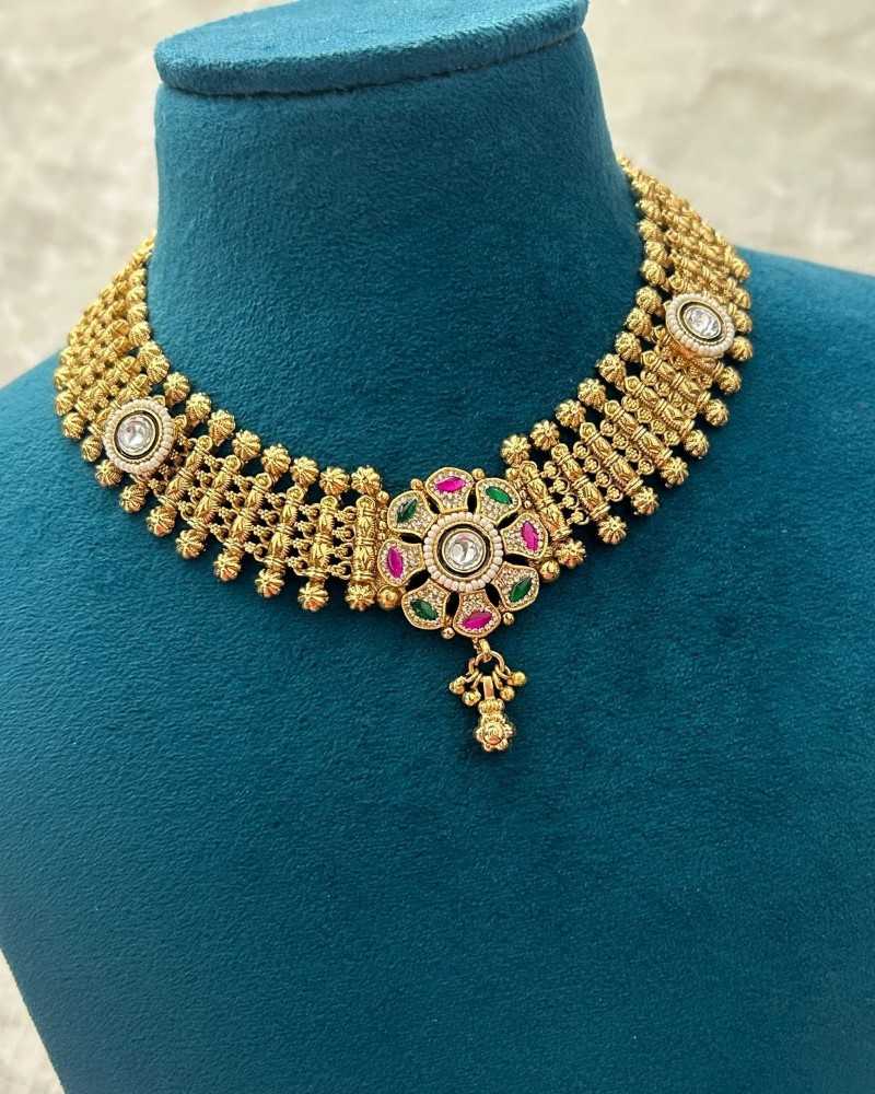 Traditional Gold Finish Choker Necklace Set with Green & Pink Stones and Ghungroo Work