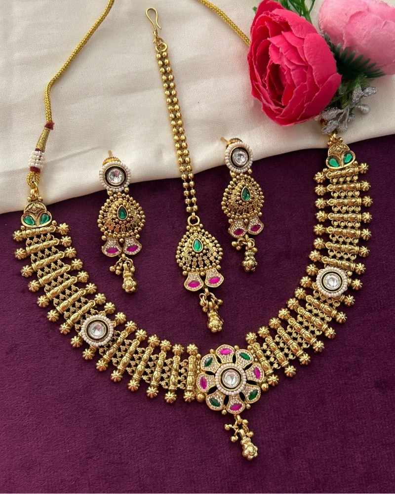 Traditional Gold Finish Choker Necklace Set with Green & Pink Stones and Ghungroo Work