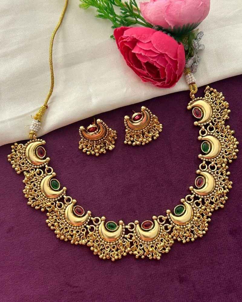Traditional Gold Finish Crescent Necklace Set with Green & Pink Stones