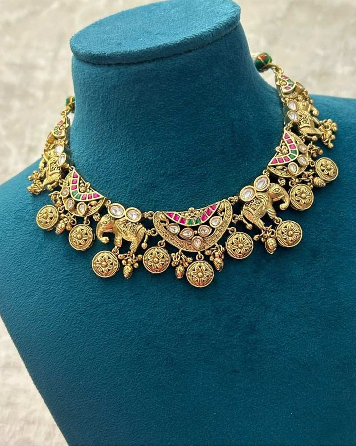 Antique Gold Elephant Motif Temple Necklace Set with Kundan & Meenakari