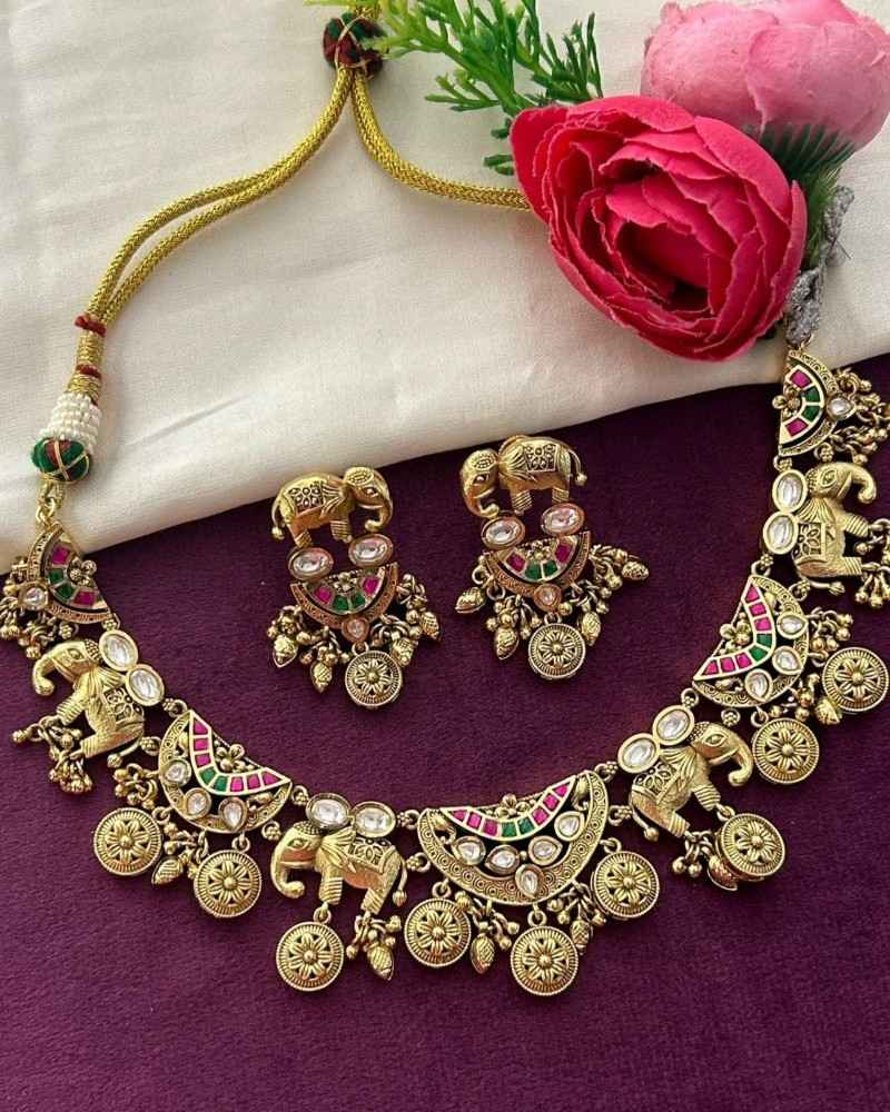 Antique Gold Elephant Motif Temple Necklace Set with Kundan & Meenakari