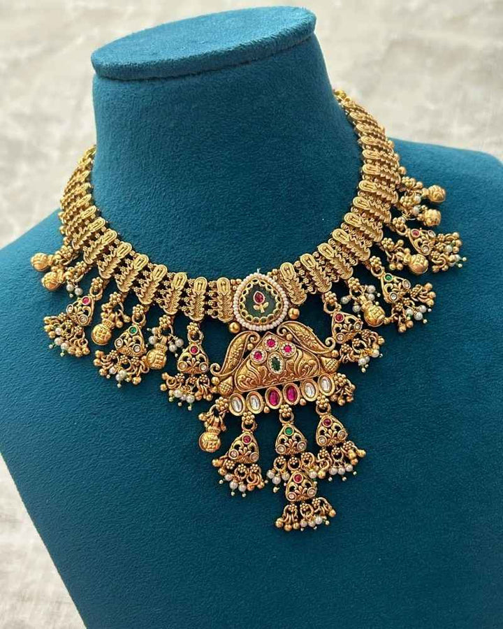 Antique Gold Temple Necklace Set with Green Enamel & Kundan Work