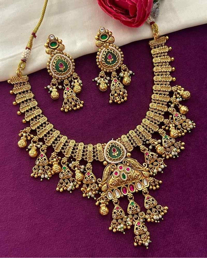 Antique Gold Temple Necklace Set with Green Enamel & Kundan Work