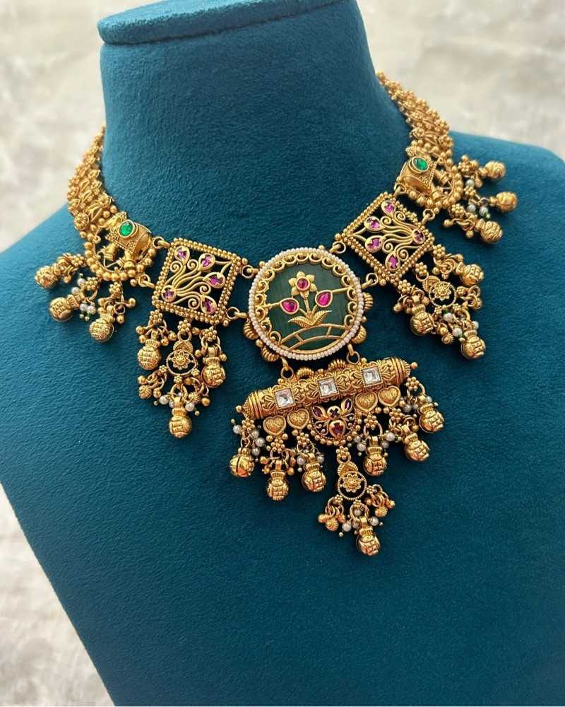 Traditional Gold Finish Necklace Set with Green Enamel Pendant & Jhumka Earrings