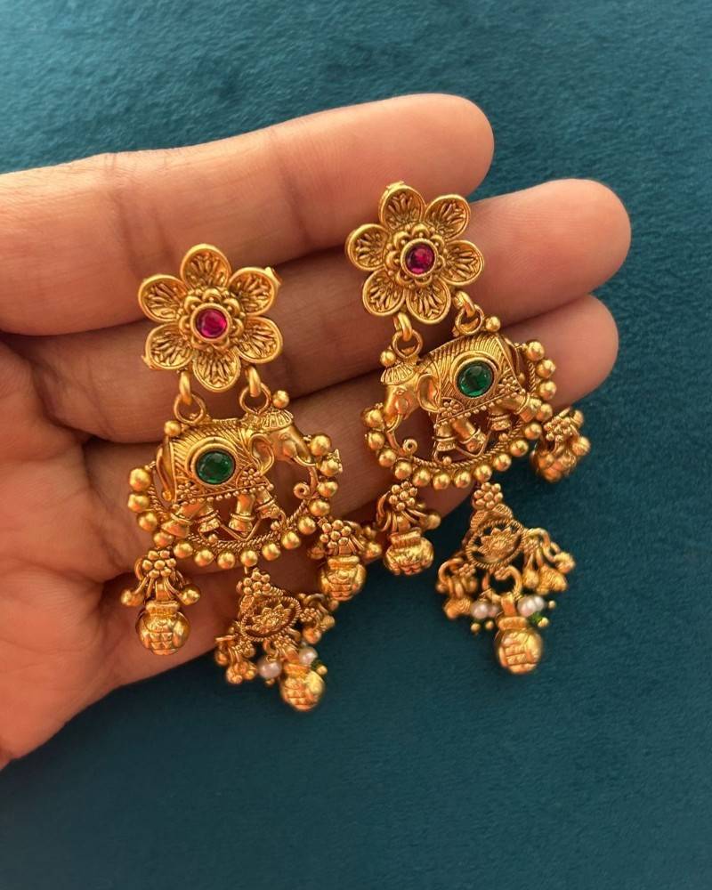 Traditional Gold Finish Necklace Set with Green Enamel Pendant & Jhumka Earrings