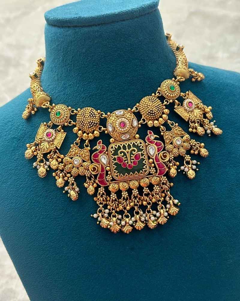 Antique Gold Green Enamel Necklace Set with Pink Stones & Ghungroo Work