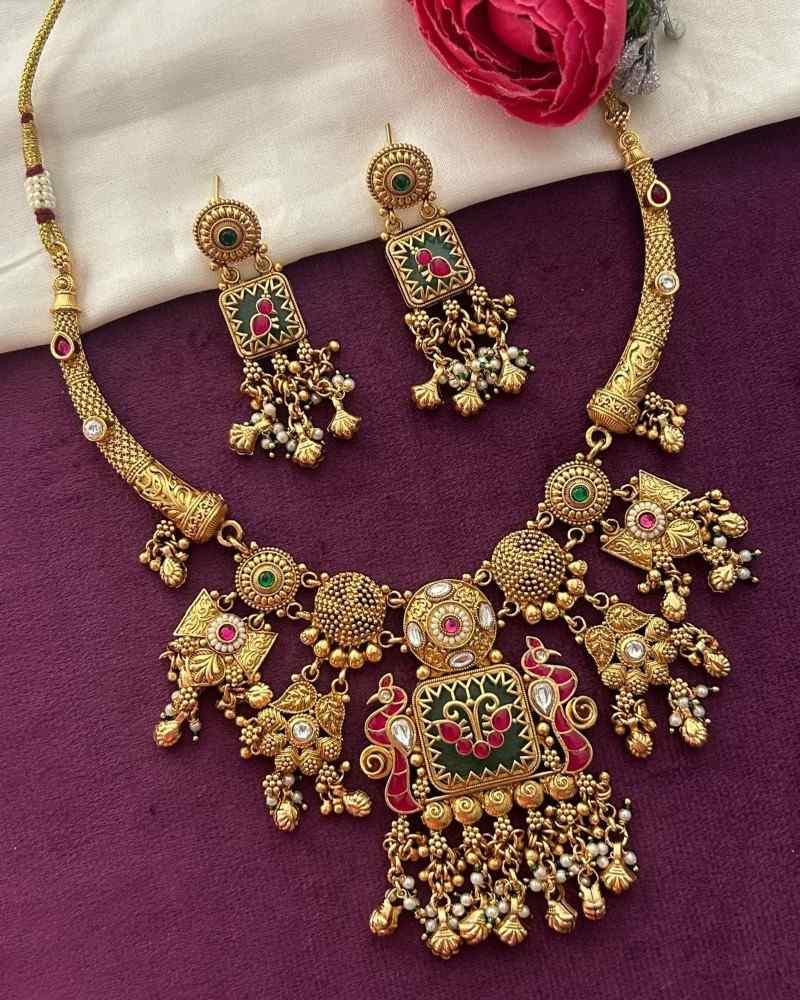 Antique Gold Green Enamel Necklace Set with Pink Stones & Ghungroo Work
