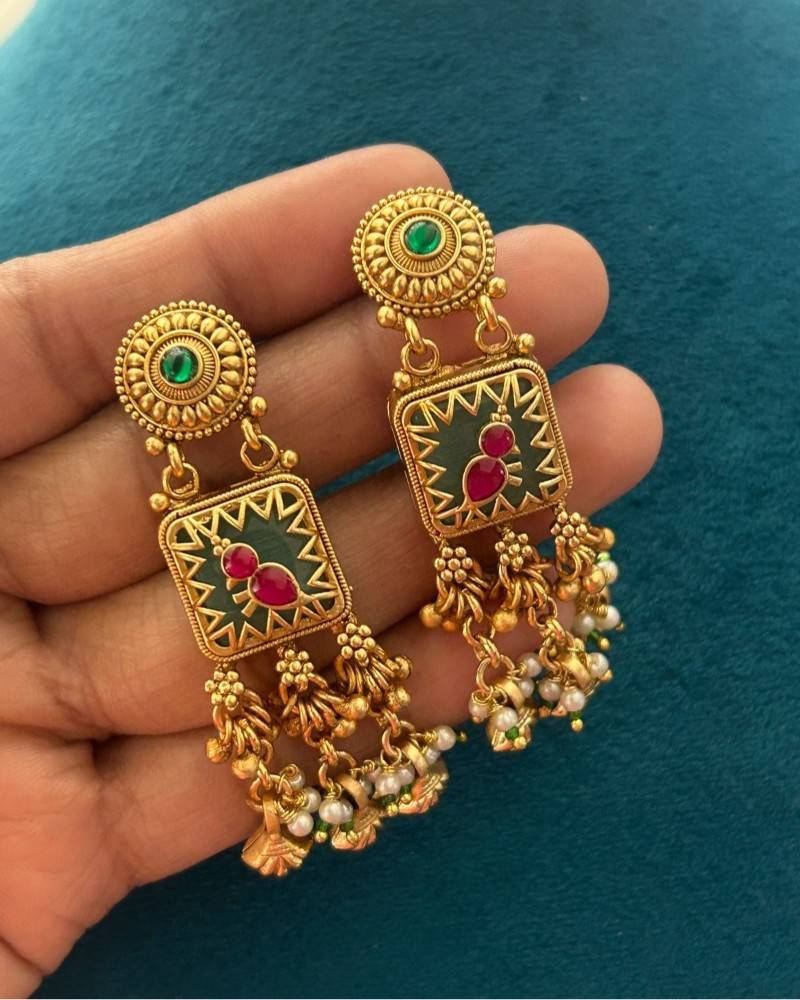 Antique Gold Green Enamel Necklace Set with Pink Stones & Ghungroo Work