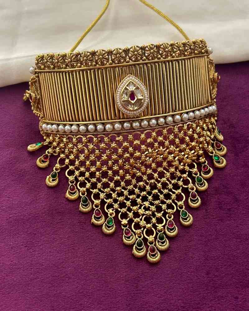 Antique Gold Bridal Choker Necklace Set with Pearl Detailing & Kundan Work