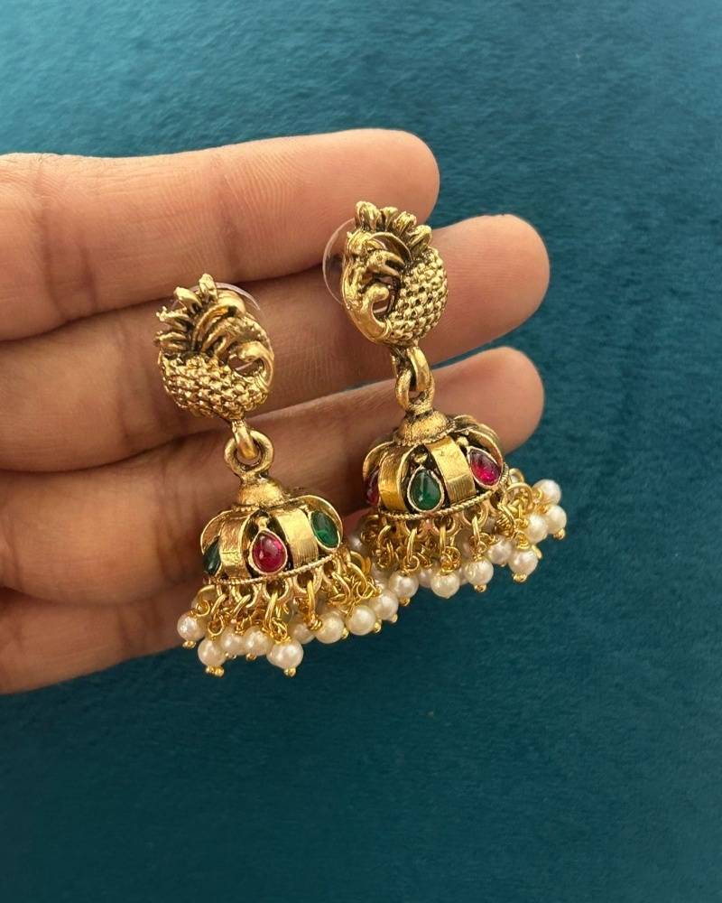 Antique Gold Lakshmi Temple Necklace Set with Ruby Green Stones and Jhumka Earrings