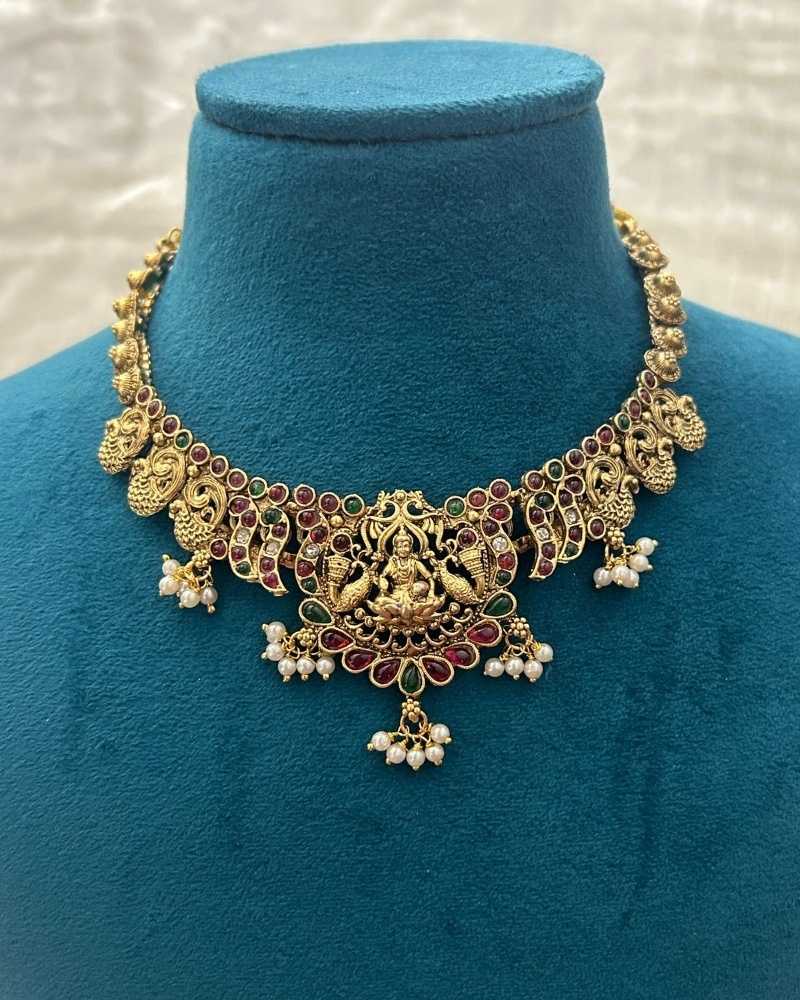 Antique Gold Lakshmi Temple Necklace Set with Ruby Green Stones and Jhumka Earrings