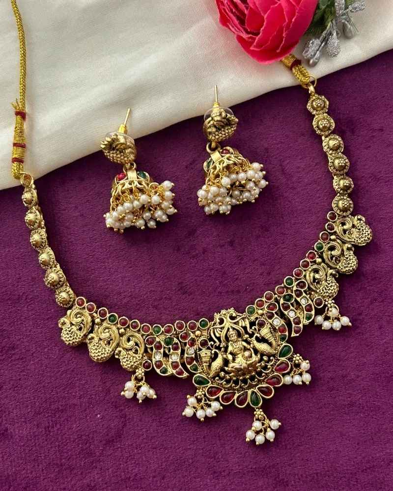 Antique Gold Lakshmi Temple Necklace Set with Ruby Green Stones and Jhumka Earrings