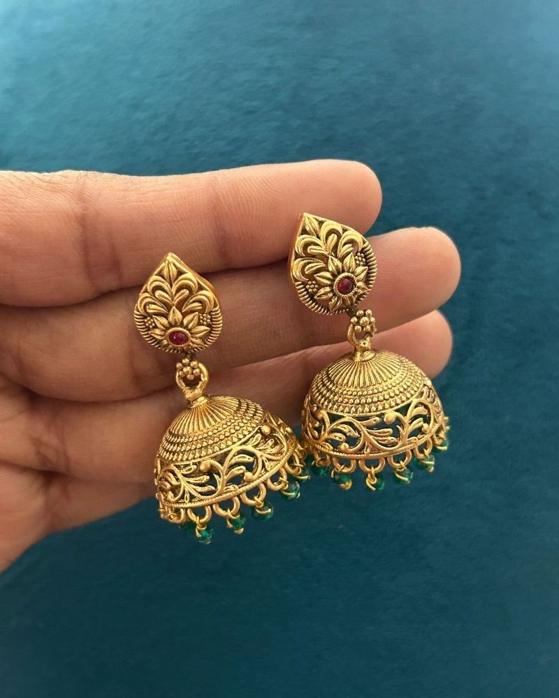 Emerald Green Multi Strand Beaded Temple Necklace Set with Antique Gold Jhumka Earrings