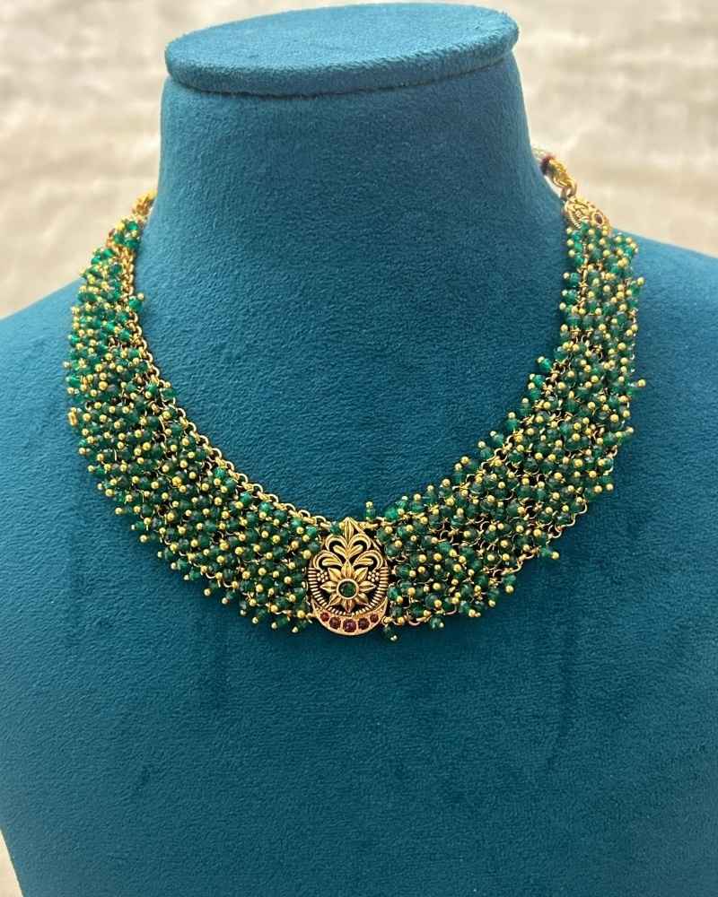 Emerald Green Multi Strand Beaded Temple Necklace Set with Antique Gold Jhumka Earrings