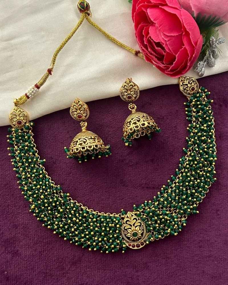 Emerald Green Multi Strand Beaded Temple Necklace Set with Antique Gold Jhumka Earrings