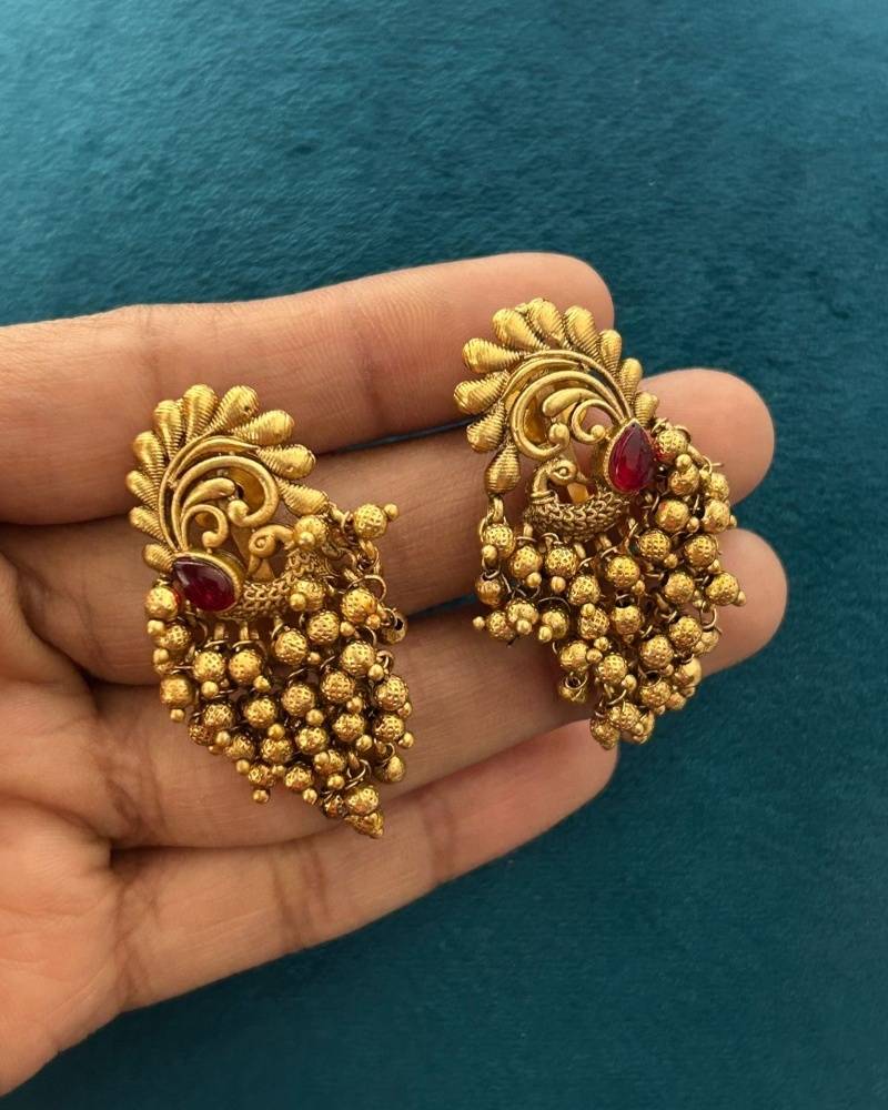 Antique Gold Ghunghroo Beaded Necklace Set with Floral Pendant and Matching Earrings