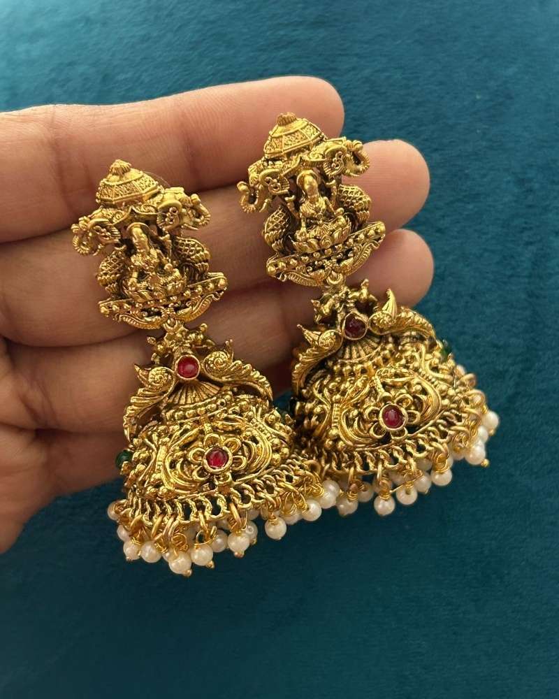 Antique Gold Lakshmi Temple Necklace Set with Pearl Drops and Jhumka Earrings