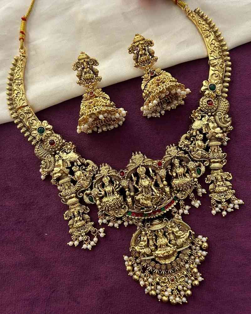 Antique Gold Lakshmi Temple Necklace Set with Pearl Drops and Jhumka Earrings