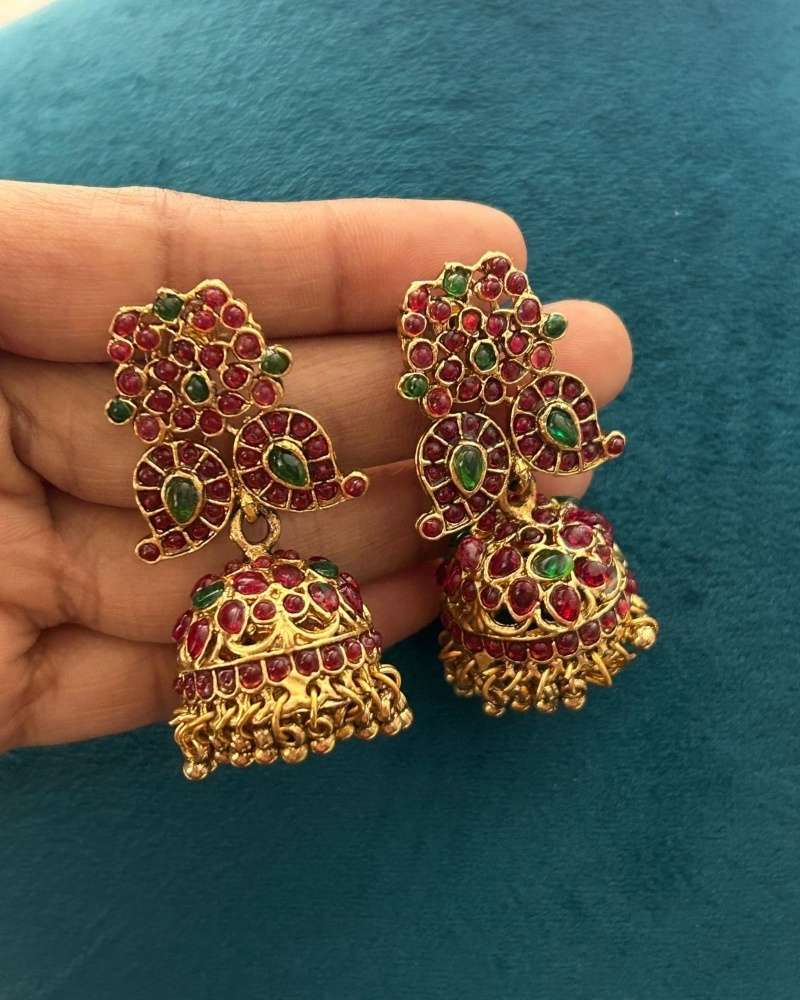 Antique Gold Lakshmi Peacock Temple Necklace Set with Ruby Green Stones and Jhumka Earrings