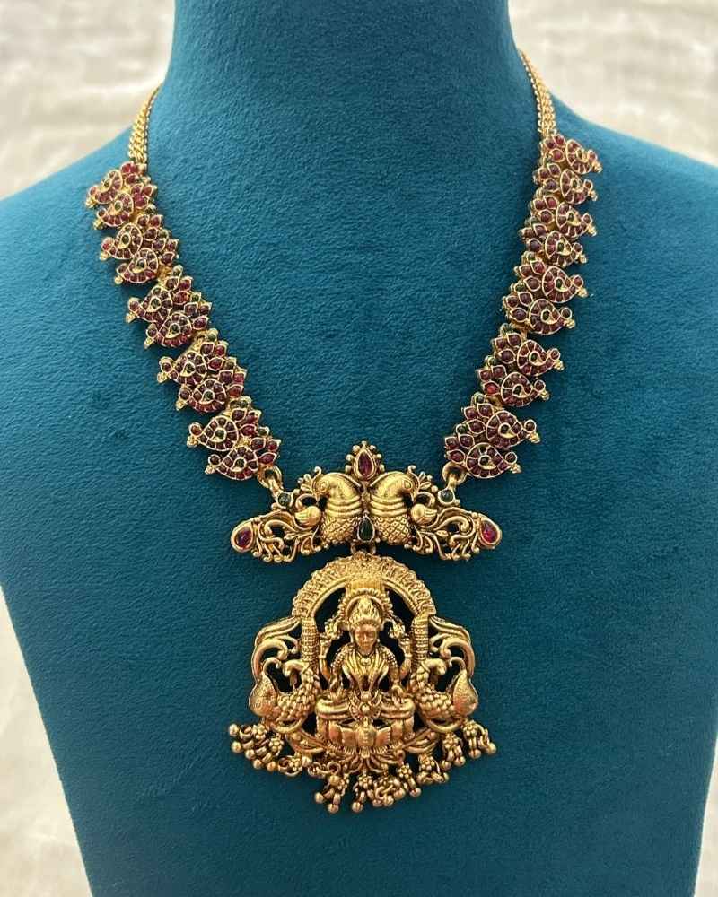 Antique Gold Lakshmi Peacock Temple Necklace Set with Ruby Green Stones and Jhumka Earrings