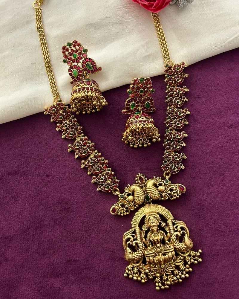 Antique Gold Lakshmi Peacock Temple Necklace Set with Ruby Green Stones and Jhumka Earrings
