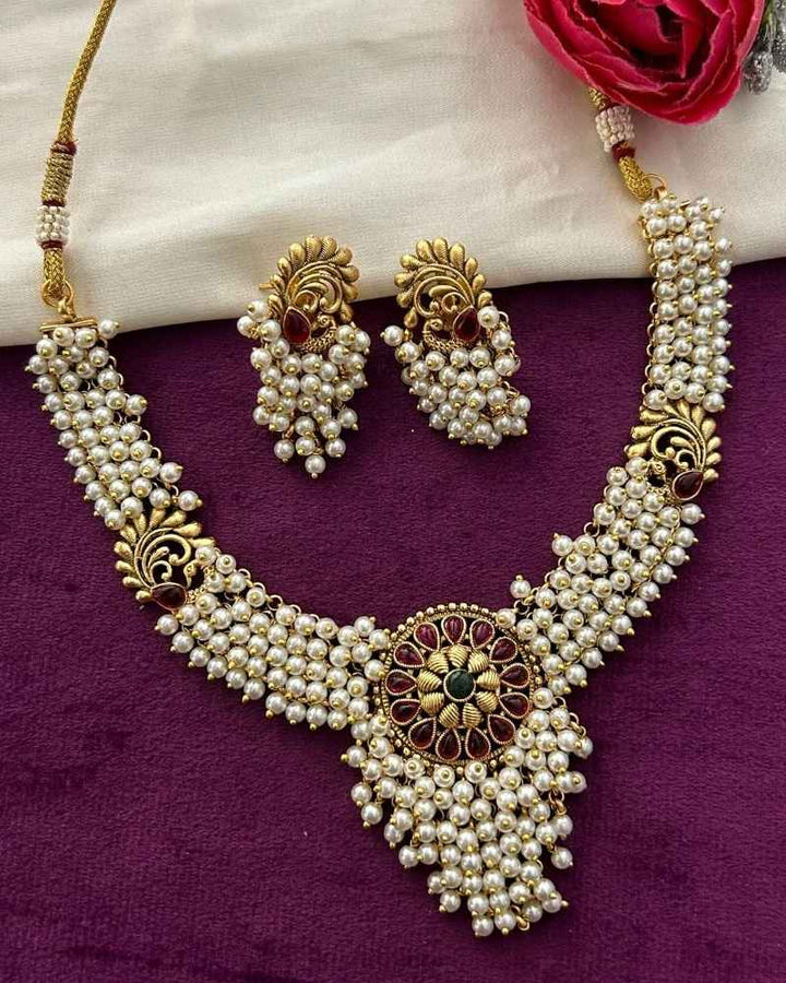 Antique Gold Pearl Layered Necklace Set with Ruby Floral Pendant and Matching Earrings