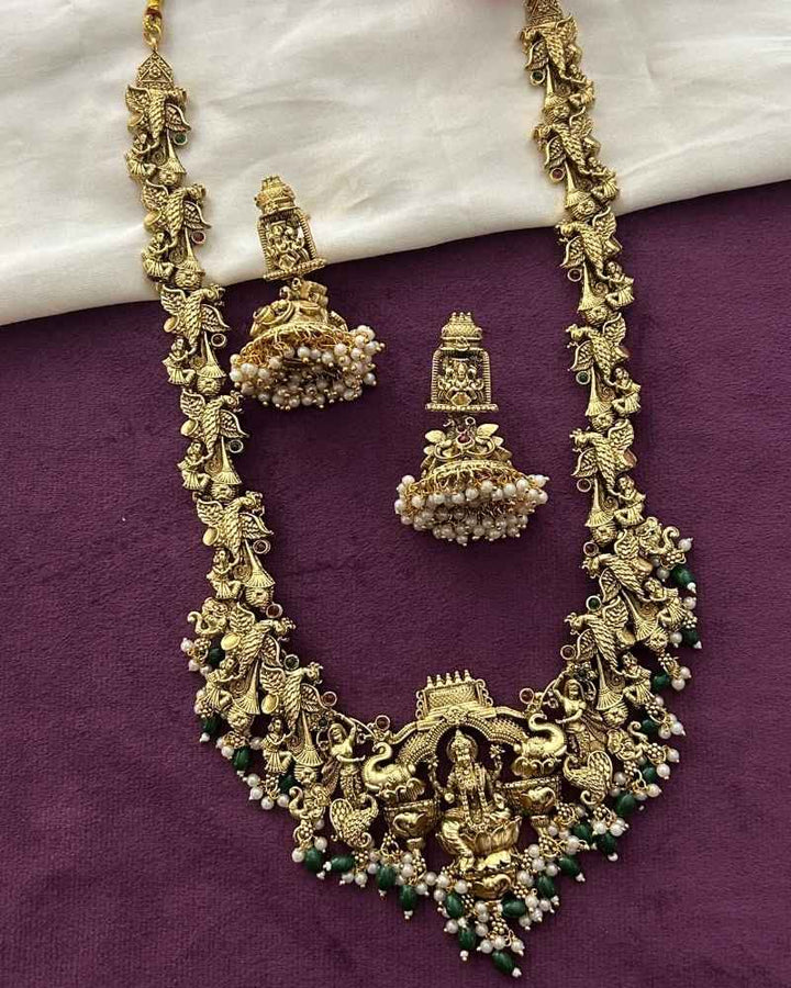 Antique Gold Lakshmi Temple Haram Necklace Set with Pearl and Green Bead Drops