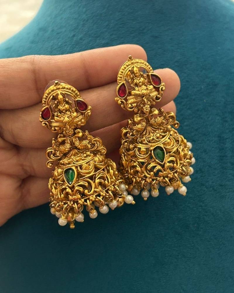 Antique Gold Lakshmi Temple Necklace Set with Ruby Stones and Jhumka Earrings
