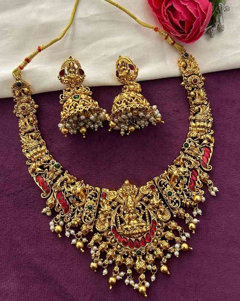 Antique Gold Lakshmi Temple Necklace Set with Ruby Stones and Jhumka Earrings