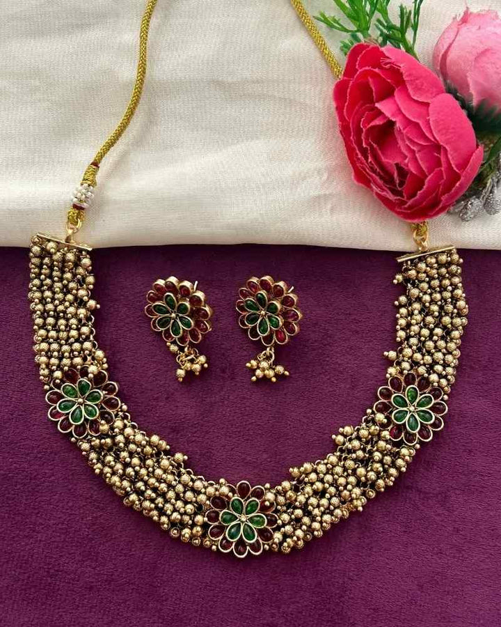 Antique Gold Floral Beaded Necklace Set with Ruby Green Stones and Matching Earrings - 2 variant