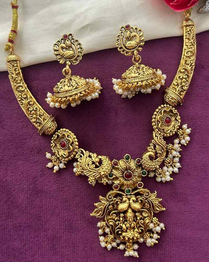 Antique Gold Temple Lakshmi Pendant Necklace Set with Peacock Jhumka Earrings