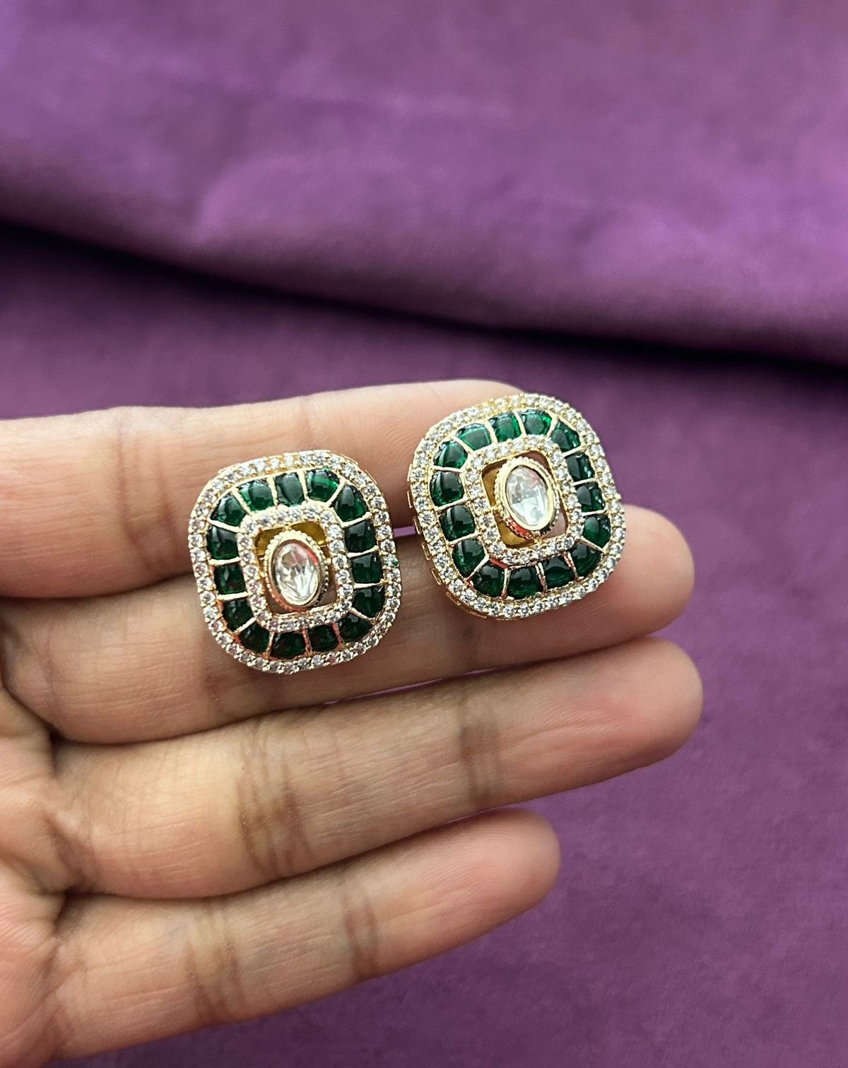 Kundan Pendant Set with Stud Earrings in Ruby, Emerald and Blue Variants