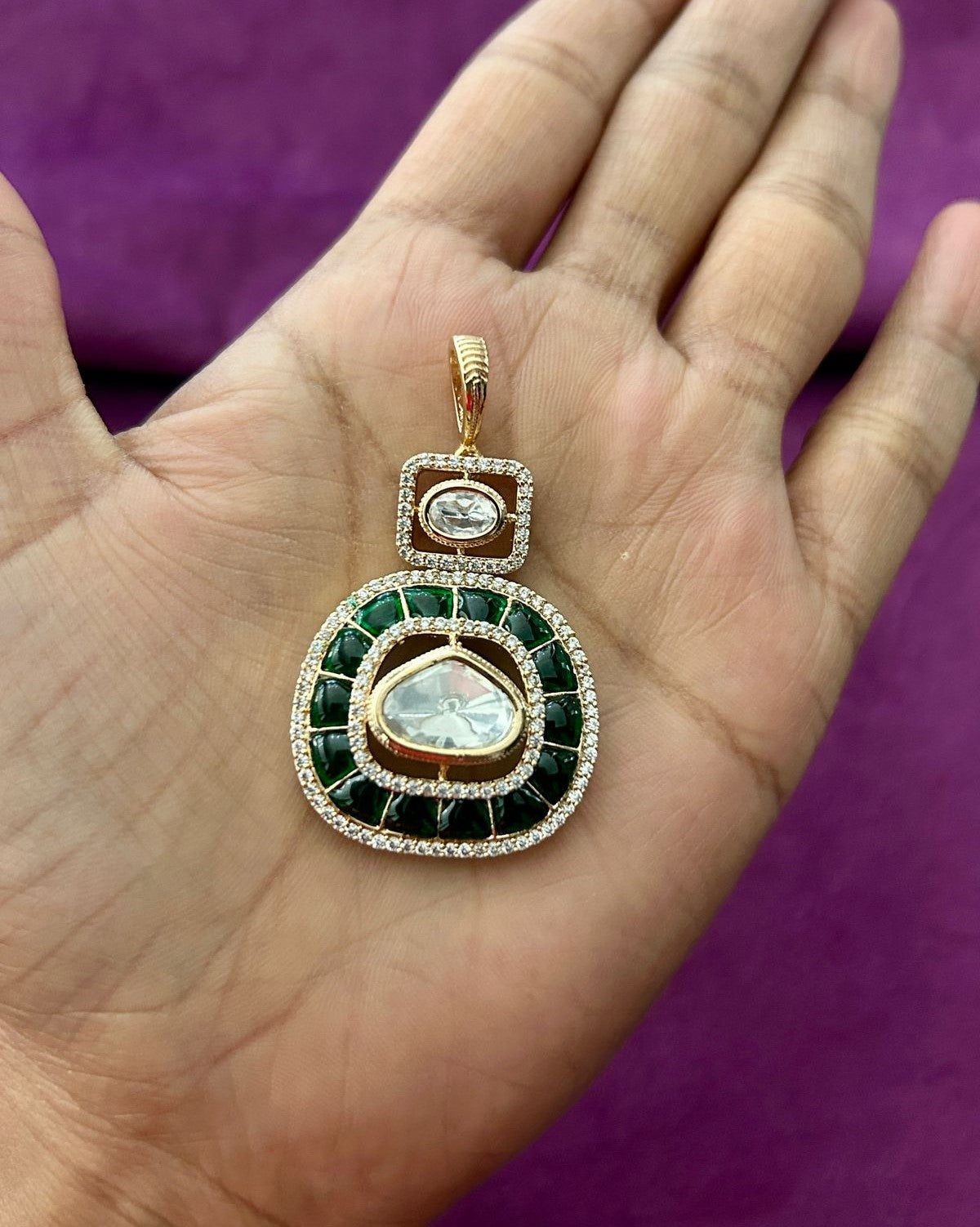 Kundan Pendant Set with Stud Earrings in Ruby, Emerald and Blue Variants