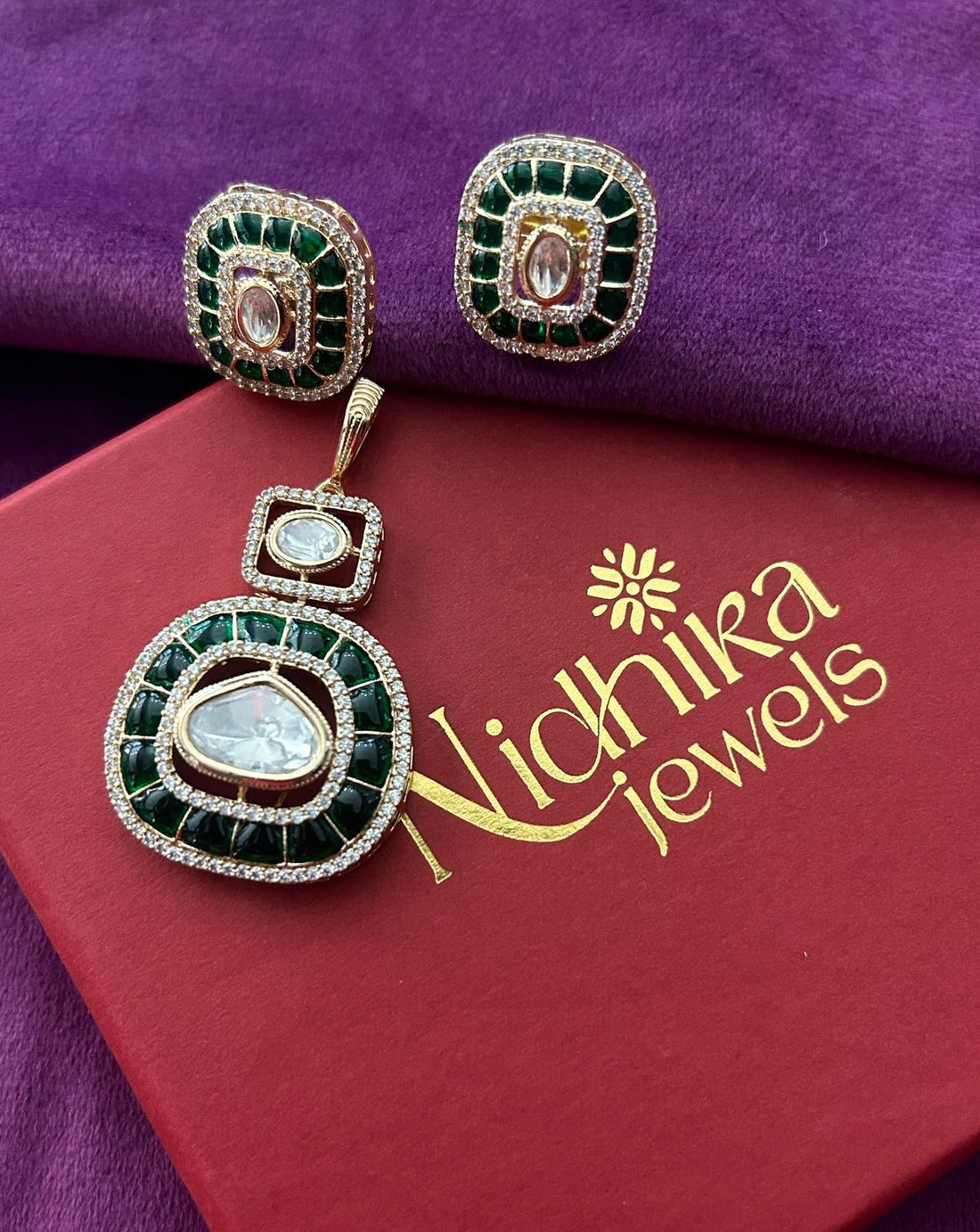 Kundan Pendant Set with Stud Earrings in Ruby, Emerald and Blue Variants