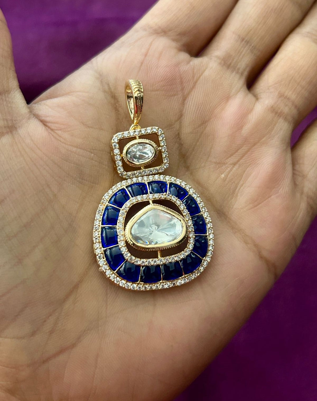 Kundan Pendant Set with Stud Earrings in Ruby, Emerald and Blue Variants