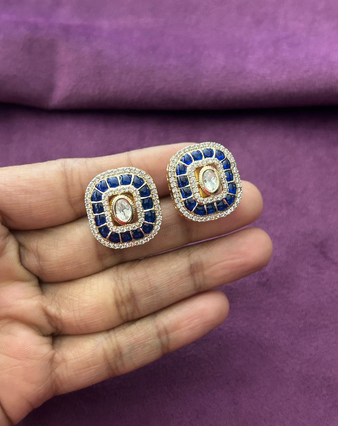 Kundan Pendant Set with Stud Earrings in Ruby, Emerald and Blue Variants