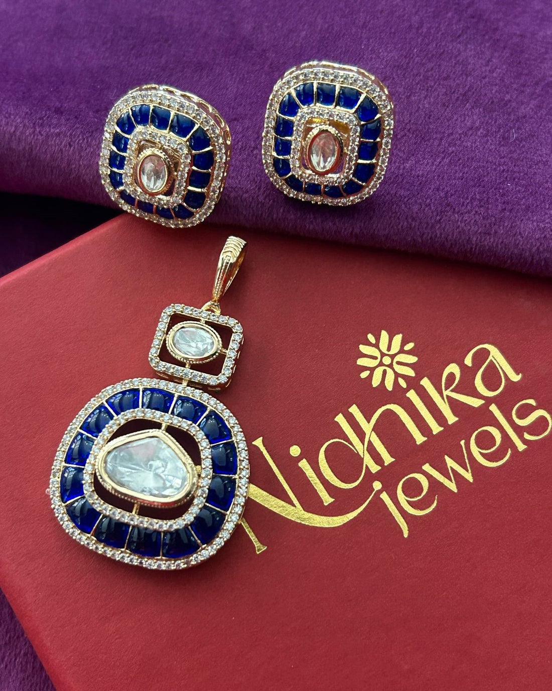 Kundan Pendant Set with Stud Earrings in Ruby, Emerald and Blue Variants