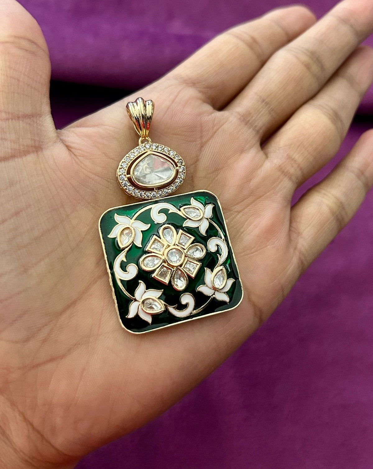 Floral Enamel Kundan Pendant Set with Earrings – Green & Ruby Variants