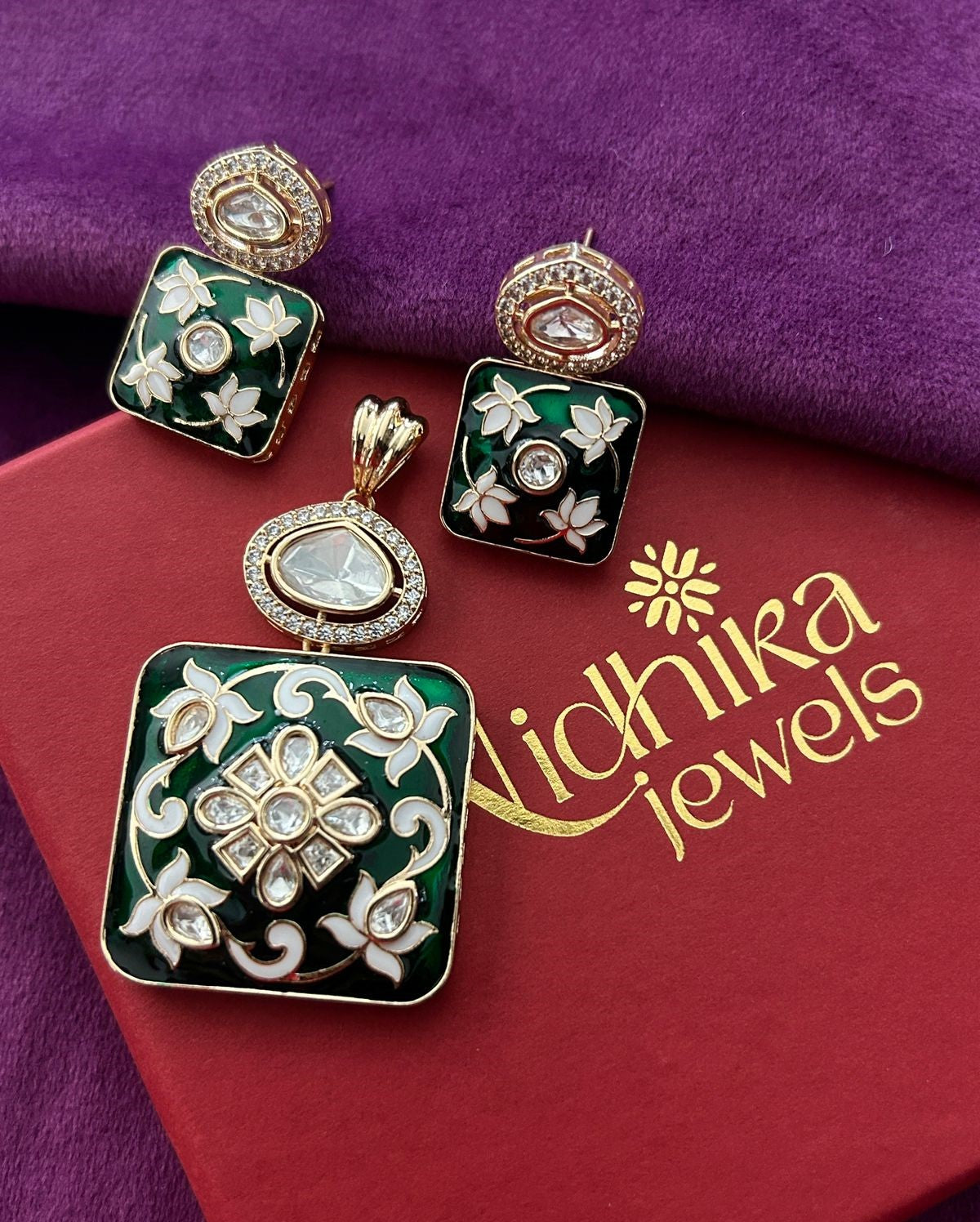 Floral Enamel Kundan Pendant Set with Earrings – Green & Ruby Variants