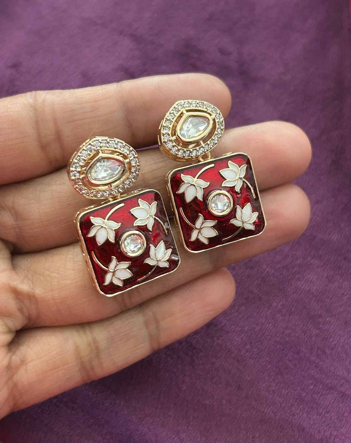 Floral Enamel Kundan Pendant Set with Earrings – Green & Ruby Variants