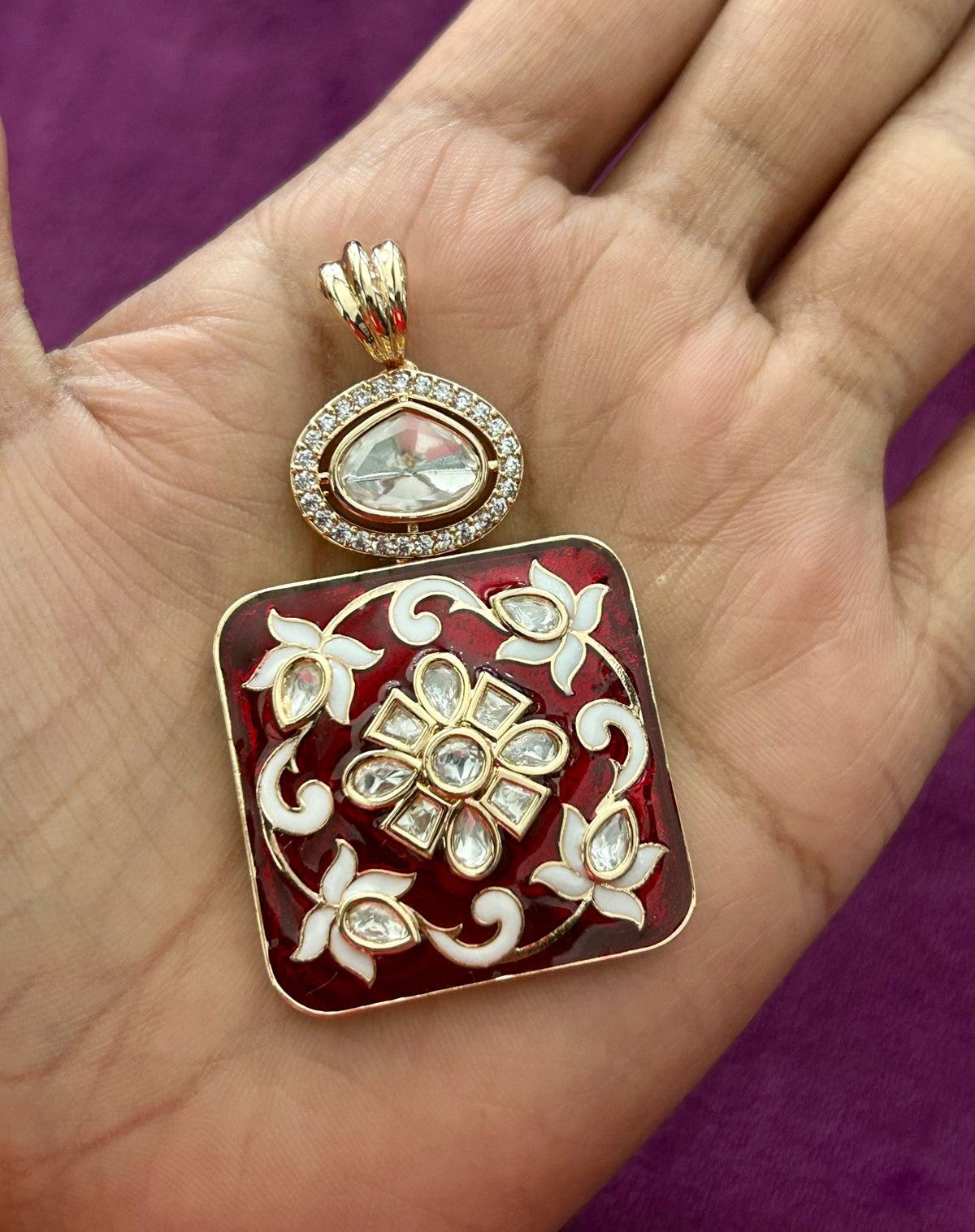 Floral Enamel Kundan Pendant Set with Earrings – Green & Ruby Variants