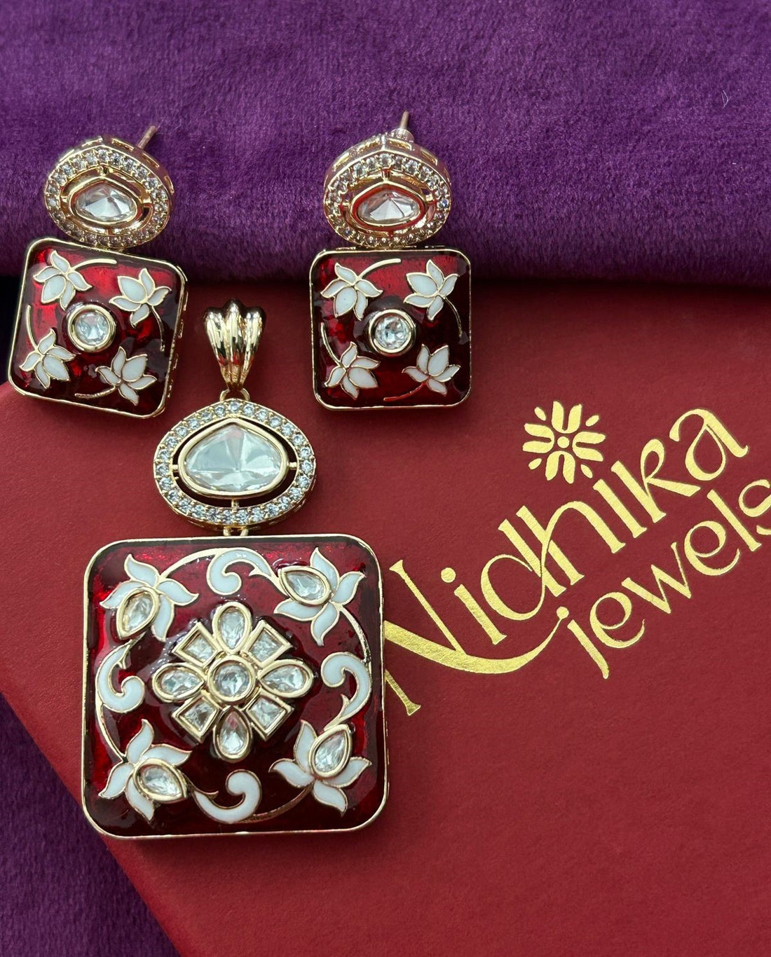 Floral Enamel Kundan Pendant Set with Earrings – Green & Ruby Variants