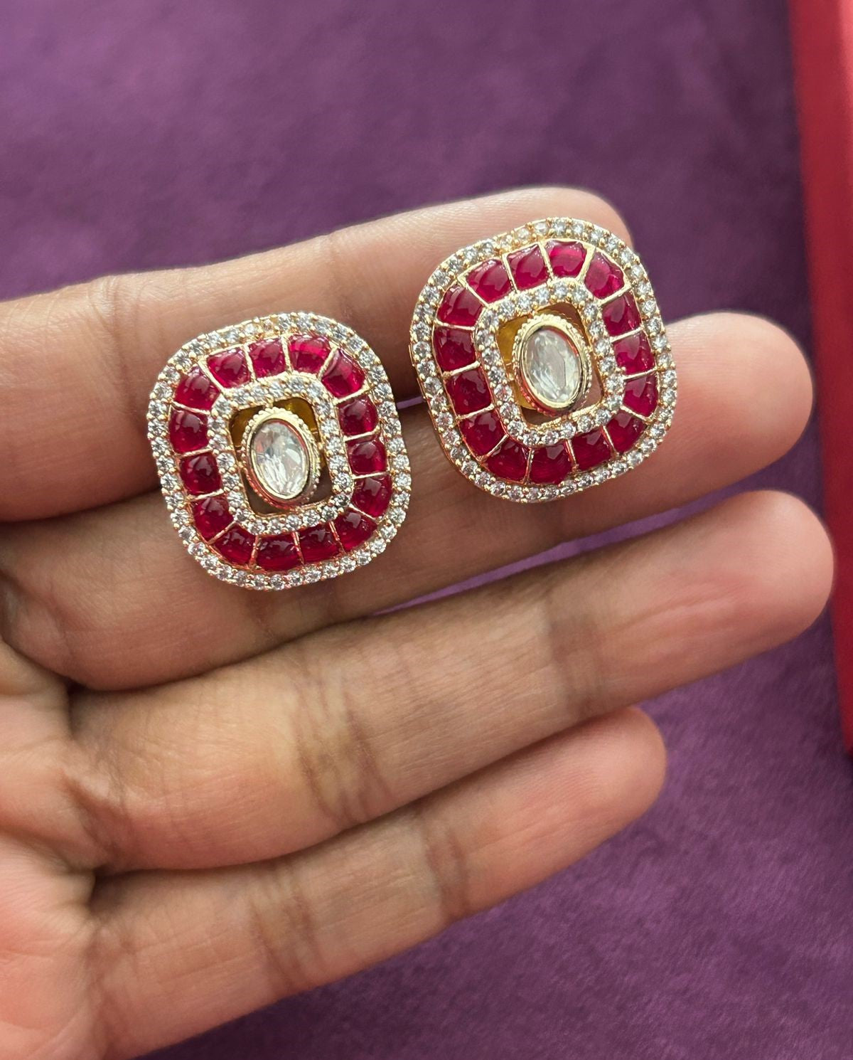 Kundan Pendant Set with Stud Earrings in Ruby, Emerald and Blue Variants