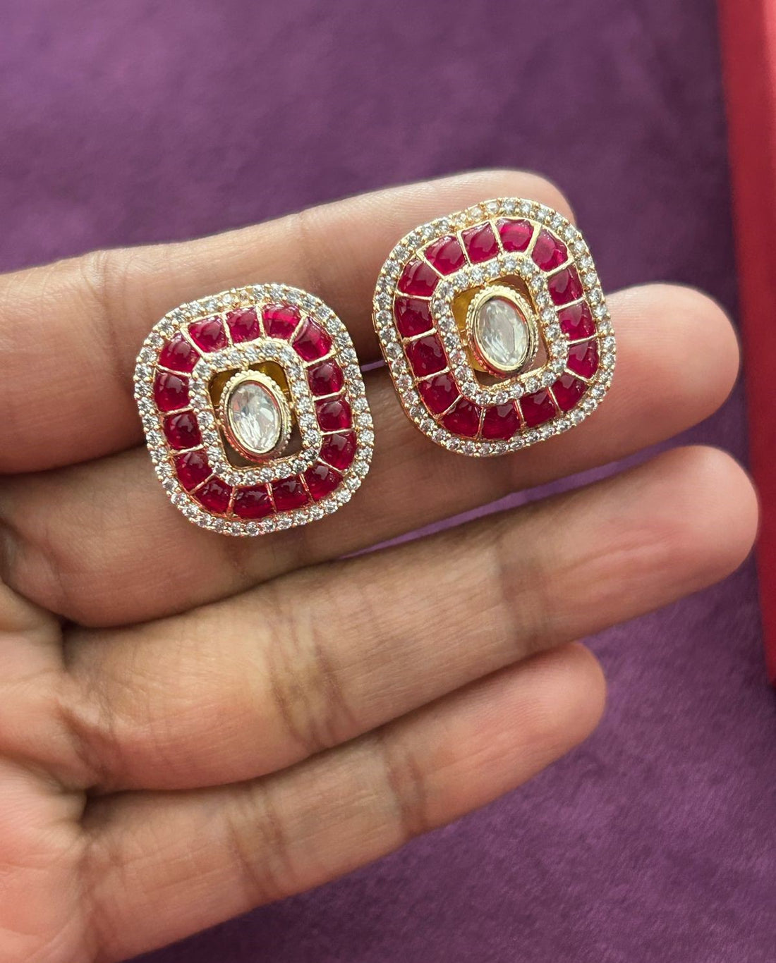 Kundan Pendant Set with Stud Earrings in Ruby, Emerald and Blue Variants