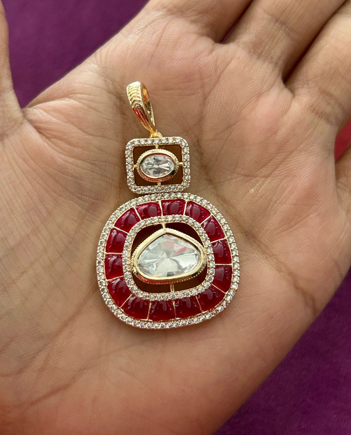 Kundan Pendant Set with Stud Earrings in Ruby, Emerald and Blue Variants