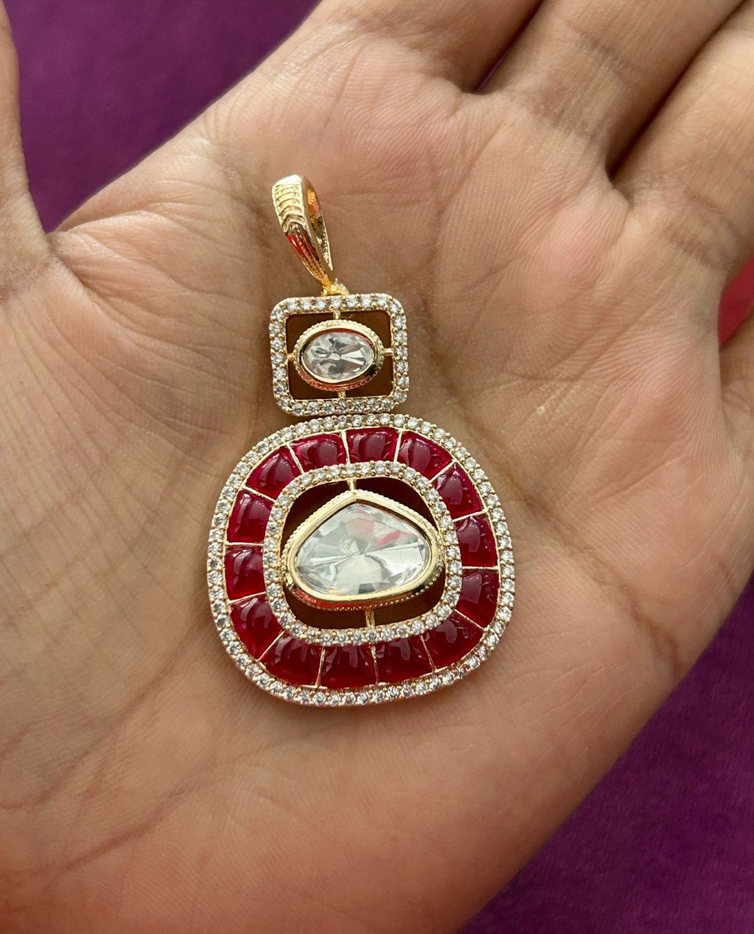 Kundan Pendant Set with Stud Earrings in Ruby, Emerald and Blue Variants