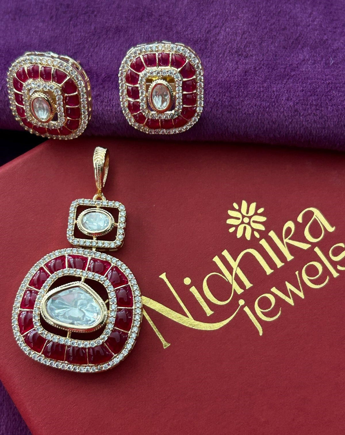 Kundan Pendant Set with Stud Earrings in Ruby, Emerald and Blue Variants